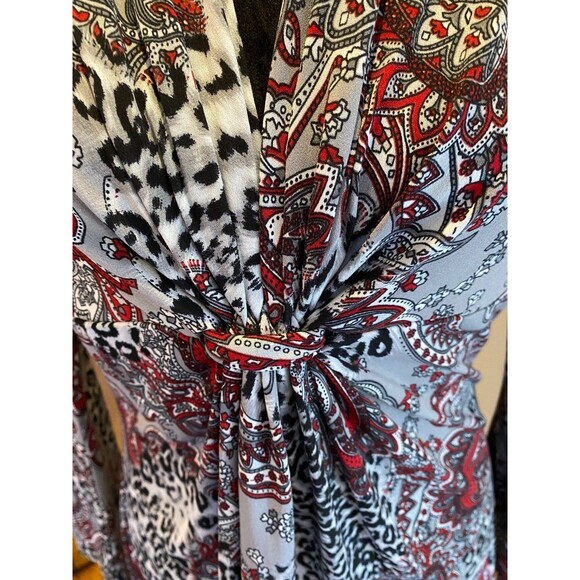 Bisou Bisou Womens Large Paisley Stretchy Black Red Bell Sleeve Boho Blouse Top - Picture 4 of 10